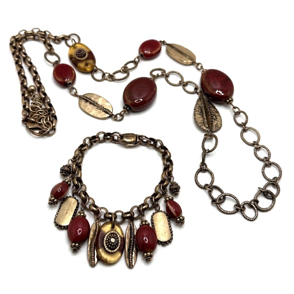 Chico's Antiqued Gold Tone & Red Ceramic Beaded Station Necklace & Bracelet Set